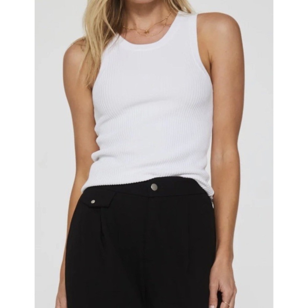 Another Love Womens Cora Sleeveless Ribbed Sweater Tank Round Hem White Sz L